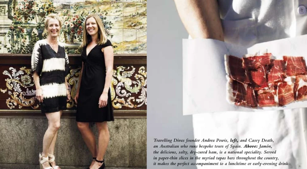 magazine excerpt showing Lee Tulloch and Casey on the left and a platter of jamon on the right